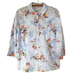 Gerry Weber 3/4 Sleeve Blouse With Striped & Floral Pattern Blue Sz M